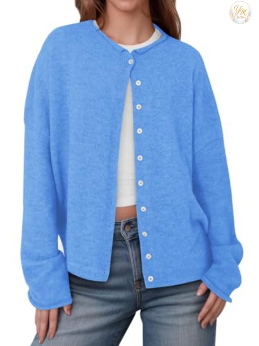 Women's Lightweight Button Up Knit Cardigan Long Sleeve Crew Neck Loose Fit